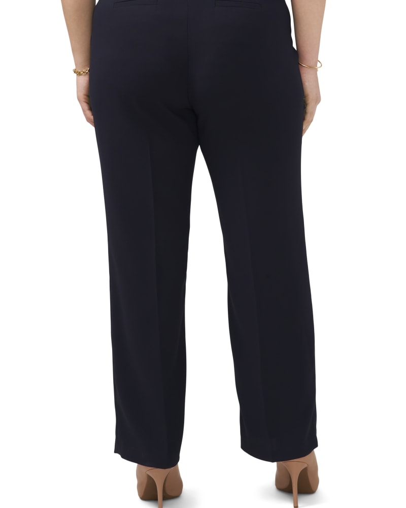 Back of a model wearing a size 16W Moss Crepe Side Elastic Wide Leg Pant in CLASSIC NAVY by Vince Camuto. | dia_product_style_image_id:304519